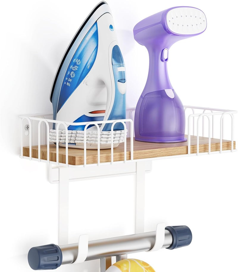 ORLESS Ironing Board Hanger Metal Wall Mount Iron and Ironing Board Holder, Laundry Room Decor and Storage with Large Storage White Wooden Base Basket and Removable Hooks - Image 1